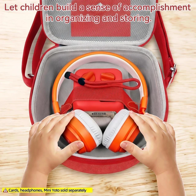 Alt view image 6 of 7 - Hard Case Compatible with Yoto Mini (2024 Edition), 3-in-1 Travel Bundle: Silicone Cover + Case with Shoulder Strap (Fits Mini Player & Headphones) + Up to 10 Card Holder for YOTO Cards (Red)