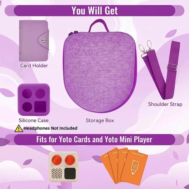 Alt view image 2 of 7 - Hard Case Compatible with Yoto Mini (2024 Edition), 3-in-1 Travel Bundle: Silicone Cover + Case with Shoulder Strap (Fits Mini Player & Headphones) + Up to 10 Card Holder for YOTO Cards (Purple)