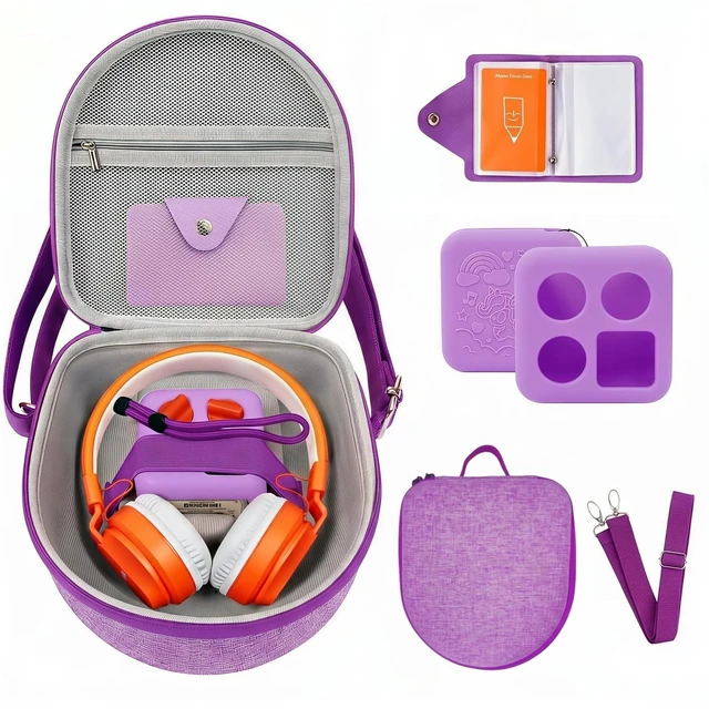 Main image of Hard Case Compatible with Yoto Mini (2024 Edition), 3-in-1 Travel Bundle: Silicone Cover + Case with Shoulder Strap (Fits Mini Player & Headphones) + Up to 10 Card Holder for YOTO Cards (Purple)