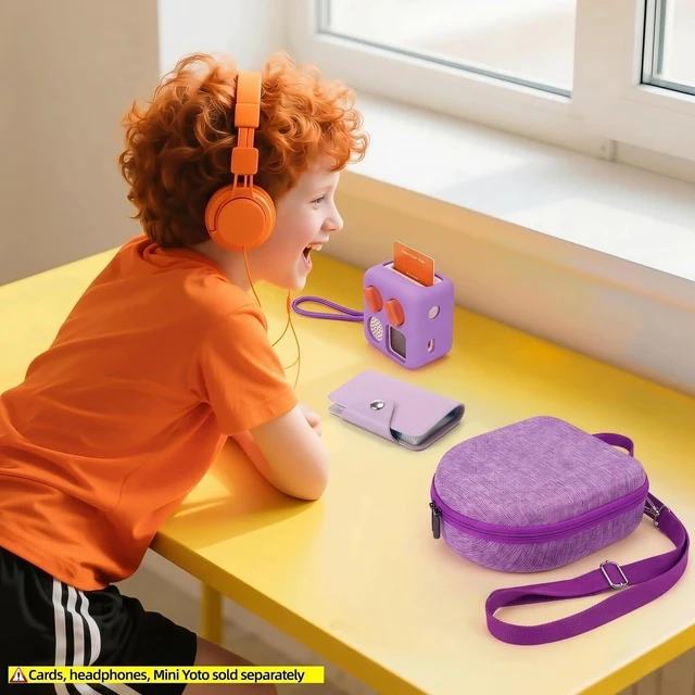 Alt view image 5 of 7 - Hard Case Compatible with Yoto Mini (2024 Edition), 3-in-1 Travel Bundle: Silicone Cover + Case with Shoulder Strap (Fits Mini Player & Headphones) + Up to 10 Card Holder for YOTO Cards (Purple)