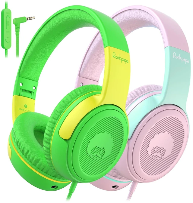 Main image of 2Pcs Kids Headphones Wired with Mic & Share Port, 85/94dB, 3.5mm Student Childs Boys Girls Corded Head phones Foldable for Chromebooks Laptop Phones MP3 Green/Yellow+Pink/Green