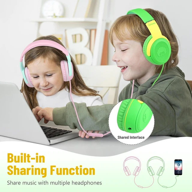 Alt view image 3 of 5 - 2Pcs Kids Headphones Wired with Mic & Share Port, 85/94dB, 3.5mm Student Childs Boys Girls Corded Head phones Foldable for Chromebooks Laptop Phones MP3 Green/Yellow+Pink/Green