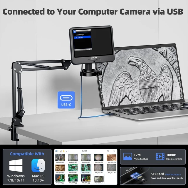 Alt view image 7 of 7 - JL109A 10.1" Digital Microscope Full View Coin with Screen, Flex Arm Stand 1080P Soldering Microscope with C-clamp, 56 LED Ring Light, 12MP Coin Magnifier Microscope Full View Silver Dollar, PC View
