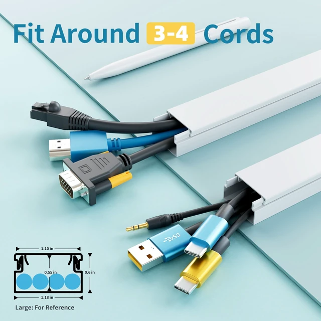 Alt view image 2 of 7 - Cord Hider, 100in Self-Adhesive Cord Cover Kit for Wall Mounted TV, Paintable Wire Hider, Flexible Cable Management System, Cable Raceway Conceals 3-4 Wires, W1.18 H0.60in, White