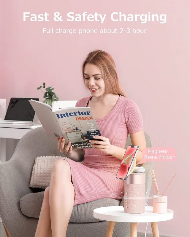 Alt view image 2 of 7 - Bluetooth Speaker, Night Light, 15W Magnetic Fast Charging for Apple, Pink 2 in 1 Wireless Charging Station for iPhone 17/16/15/14/13/12 Series, AirPods Pro 2/4/3/2Gift Ideal