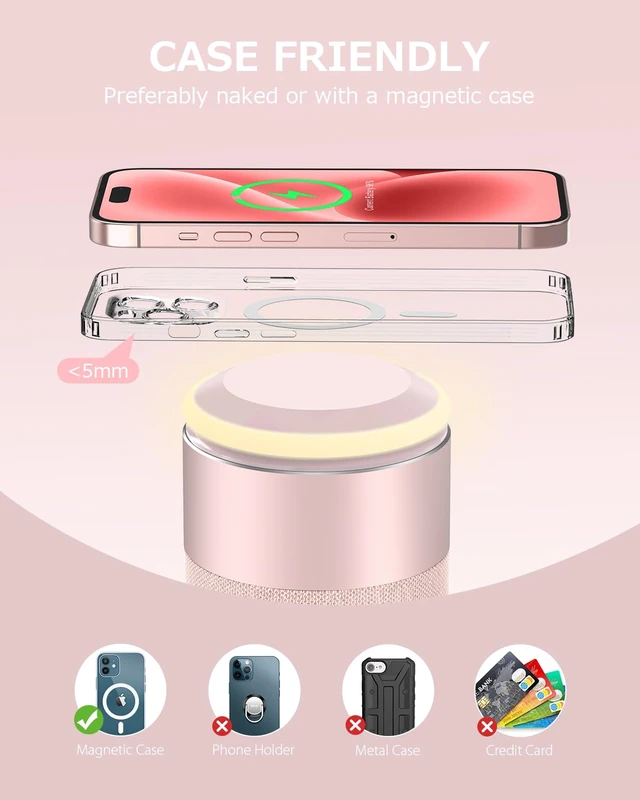 Alt view image 4 of 7 - Bluetooth Speaker, Night Light, 15W Magnetic Fast Charging for Apple, Pink 2 in 1 Wireless Charging Station for iPhone 17/16/15/14/13/12 Series, AirPods Pro 2/4/3/2Gift Ideal