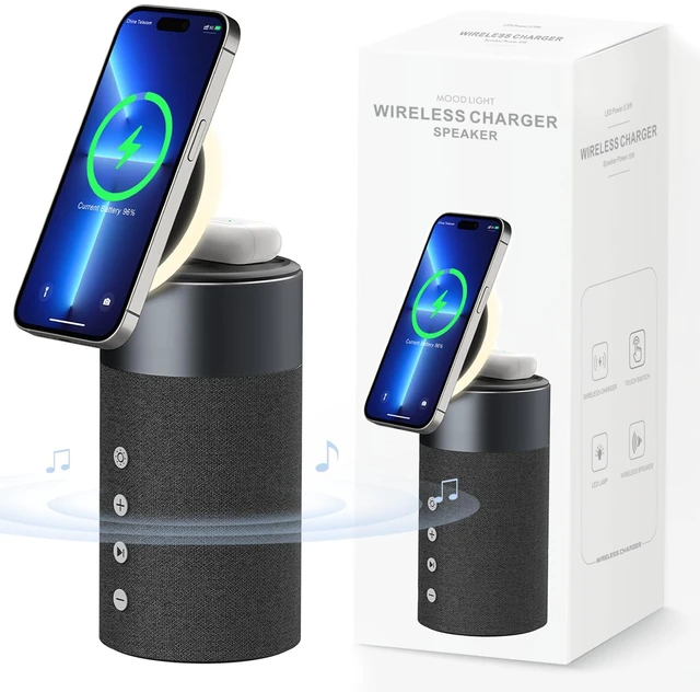 Main image of Bluetooth Speaker, Night Light, 15W Magnetic Fast Charging for Apple, Black 2 in 1 Wireless Charging Station for iPhone 17/16/15/14/13/12 Series, AirPods Pro 2/4/3/2Gift Ideal