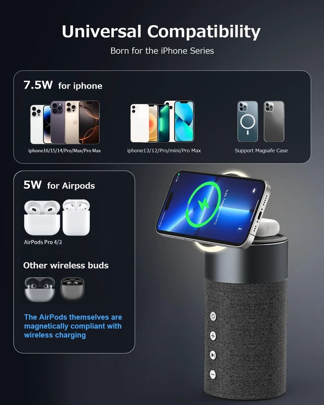 Alt view image 5 of 6 - Bluetooth Speaker, Night Light, 15W Magnetic Fast Charging for Apple, Black 2 in 1 Wireless Charging Station for iPhone 17/16/15/14/13/12 Series, AirPods Pro 2/4/3/2Gift Ideal