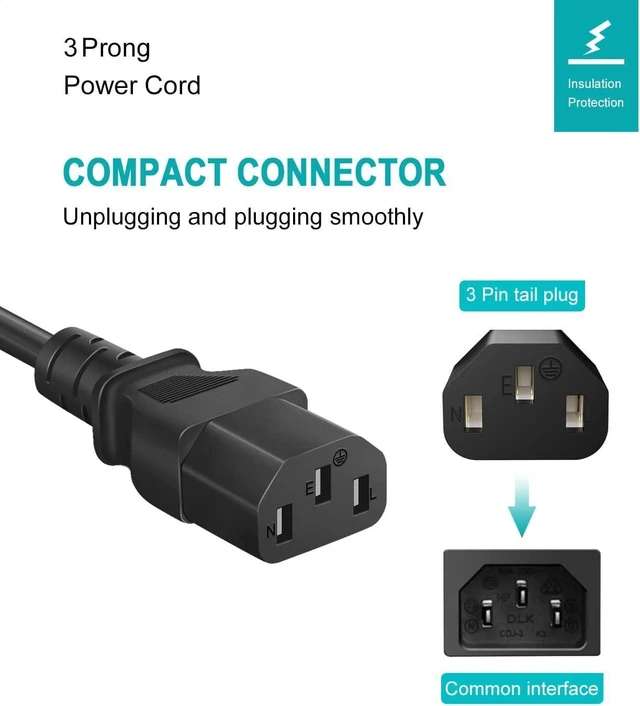 Alt view image 2 of 6 - Universal 3-Prong AC Power Cable for Computers, TVs, Monitors & More, 3 Feet (0.92 Meters), Black (Pack of 2)
