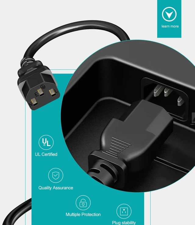 Alt view image 4 of 6 - Universal 3-Prong AC Power Cable for Computers, TVs, Monitors & More, 3 Feet (0.92 Meters), Black (Pack of 2)