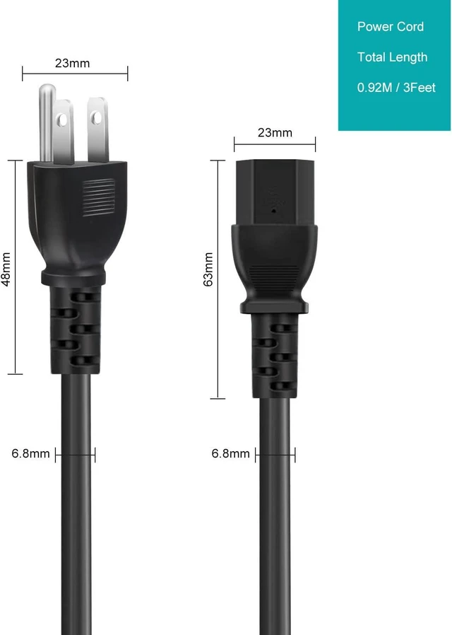 Alt view image 5 of 6 - Universal 3-Prong AC Power Cable for Computers, TVs, Monitors & More, 3 Feet (0.92 Meters), Black (Pack of 2)
