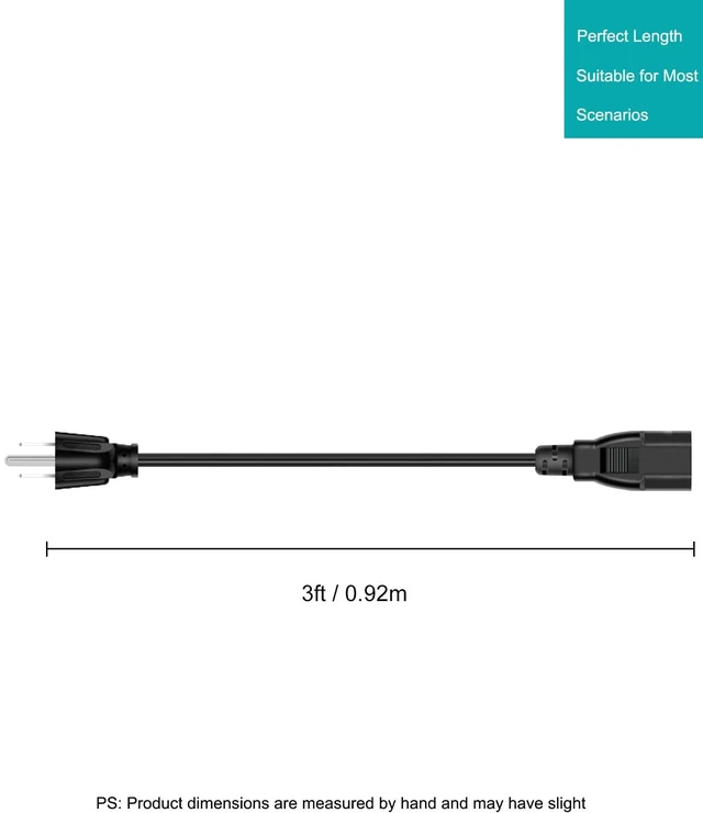 Alt view image 6 of 6 - Universal 3-Prong AC Power Cable for Computers, TVs, Monitors & More, 3 Feet (0.92 Meters), Black (Pack of 2)