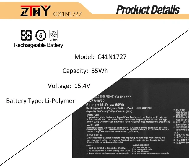 Alt view image 3 of 7 - C41N1727 Laptop Battery Replacement for Asus Zephyrus M GM501 GM501G GM501GM GM501GS ROG GU501 GU501G GU501GM GM501G-SEI006T GM501GS-EI015T GU501GM-BI7N8 GM501GM-EI005T GM501GS-EI003T 15.4V 55Wh