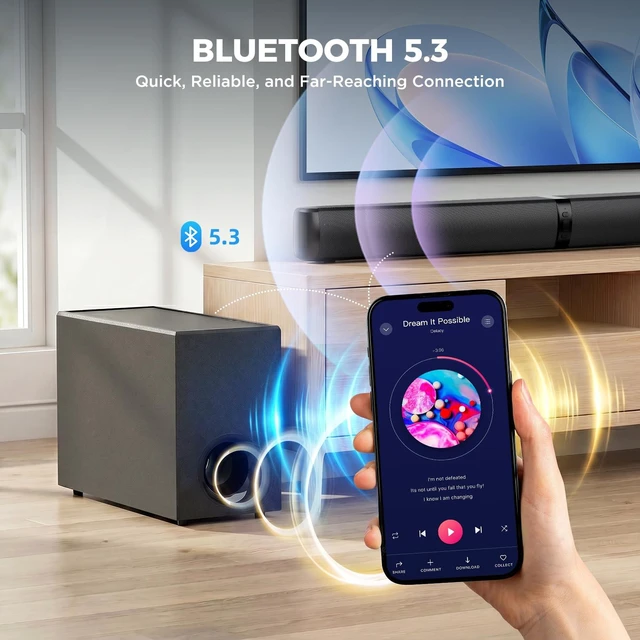 Alt view image 4 of 7 - Sound Bar with Subwoofer, Soundbar for TV Speaker Sonicwave 2.1 CH 120W Detachable 2-in-1 Home Audio System with DSP Bluetooth 5.3 Soundbar, ARC/Optical/AUX for Movies Music Gaming