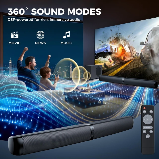 Alt view image 6 of 7 - Sound Bar with Subwoofer, Soundbar for TV Speaker Sonicwave 2.1 CH 120W Detachable 2-in-1 Home Audio System with DSP Bluetooth 5.3 Soundbar, ARC/Optical/AUX for Movies Music Gaming