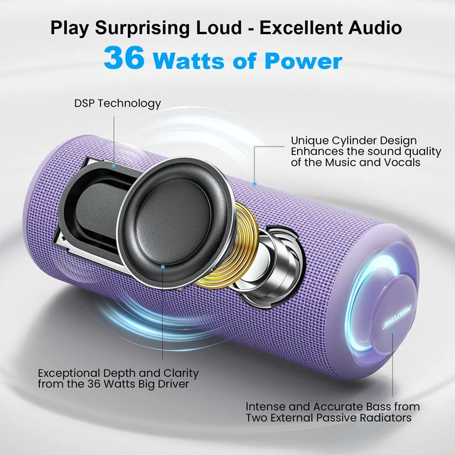 Alt view image 2 of 7 - Boompro Bluetooth Speaker 36W Stereo Sound Bass Girl Woman Present - Purple Portable Speaker Bluetooth 5.3 Wireless USB Type C Outdoor and Travel, 5000mAh Up to 16H Playtime Indoor Home Party