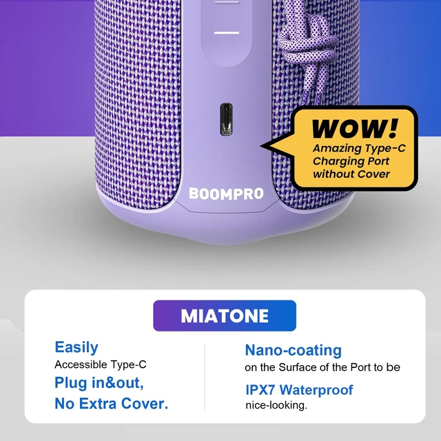 Alt view image 5 of 7 - Boompro Bluetooth Speaker 36W Stereo Sound Bass Girl Woman Present - Purple Portable Speaker Bluetooth 5.3 Wireless USB Type C Outdoor and Travel, 5000mAh Up to 16H Playtime Indoor Home Party