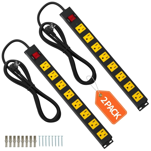 Main image of 8 Outlet Metal Heavy Duty Long Power Strip, 2100J Surge Protector with 6 FT Extension Cord, Wide Spaced and Wall Mount Powerstrip for Home, Industrial, Workshop & Garage (2 Pack 6FT)