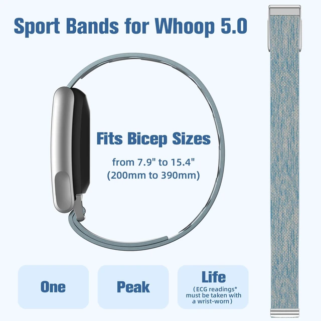 Alt view image 2 of 7 - Nylon Bicep Band Compatible with Whoop 5.0 Bands One, Peak and Life MG, Breathable Sport Adjustable Elastic Replacement Strap for Whoop Bicep Band 5.0 Fitness Activity Tracker, Blue