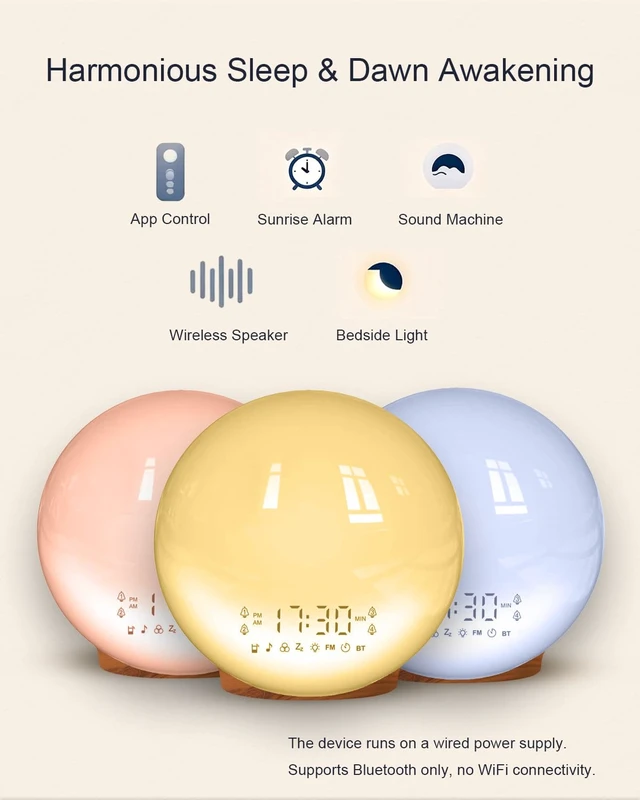 Alt view image 3 of 6 - Smart Sunrise Alarm Clock with No Signup APP Control & Wake-Up Light, 4 Alarms, Sound Machine, FM Radio, Wireless Speaker, Wood Grain