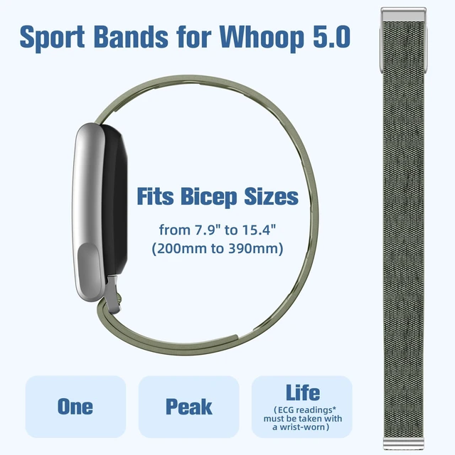 Alt view image 2 of 7 - Nylon Bicep Band Compatible with Whoop 5.0 Bands One, Peak and Life MG, Breathable Sport Adjustable Elastic Replacement Strap for Whoop Bicep Band 5.0 Fitness Activity Tracker, Green