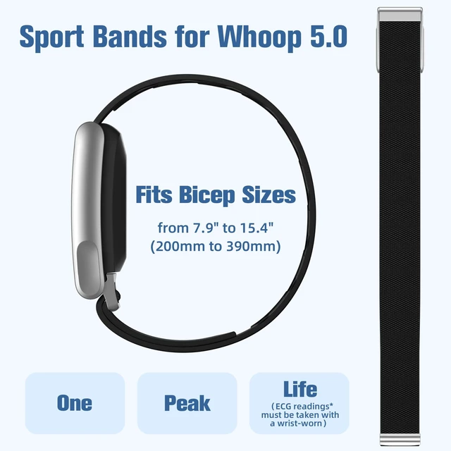 Alt view image 2 of 7 - Nylon Bicep Band Compatible with Whoop 5.0 Bands One, Peak and Life MG, Breathable Sport Adjustable Elastic Replacement Strap for Whoop Bicep Band 5.0 Fitness Activity Tracker, Black