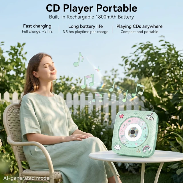 Alt view image 2 of 7 - CD Player Portable Bluetooth Rechargeable: CD Players for Home 1800mAh Desktop Wall CD Player with Speakers with Dust Cover FM Radio USB Remote Control