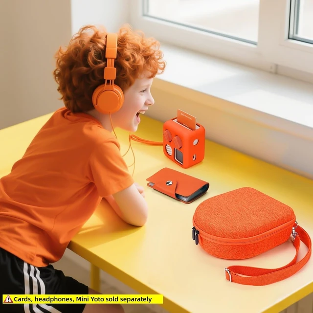Alt view image 5 of 7 - Hard Case Compatible with Yoto Mini (2024 Edition), 3-in-1 Travel Bundle: Silicone Cover + Case with Shoulder Strap (Fits Mini Player & Headphones) + Up to 10 Card Holder for YOTO Cards (Orange)
