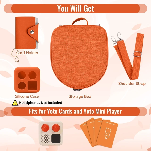 Alt view image 2 of 7 - Hard Case Compatible with Yoto Mini (2024 Edition), 3-in-1 Travel Bundle: Silicone Cover + Case with Shoulder Strap (Fits Mini Player & Headphones) + Up to 10 Card Holder for YOTO Cards (Orange)