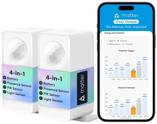 Main image of Presence Sensor MS605, Matter Over Thread, IP67 and Battery-Powered Supports Home Assistant, HomeKit, Alexa, Google, AI Learning Smart Motion Sensor, 4-in-1 PIR & Light & mmWave Radar 2 Pack
