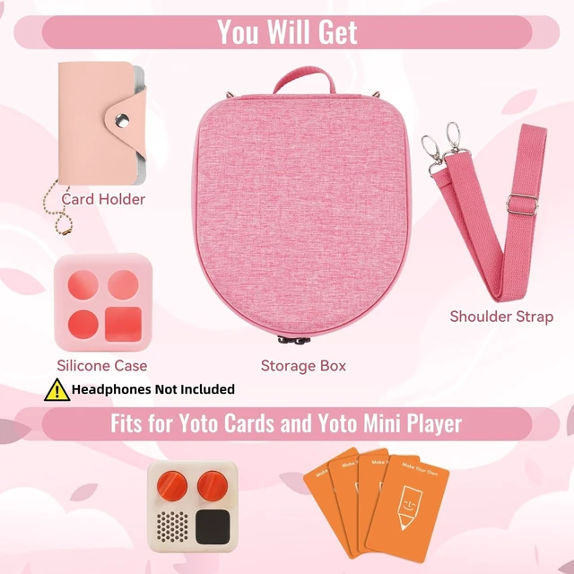Alt view image 2 of 7 - Hard Case Compatible with Yoto Mini (2024 Edition), 3-in-1 Travel Bundle: Silicone Cover + Case with Shoulder Strap (Fits Mini Player & Headphones) + Up to 10 Card Holder for YOTO Cards (Pink)