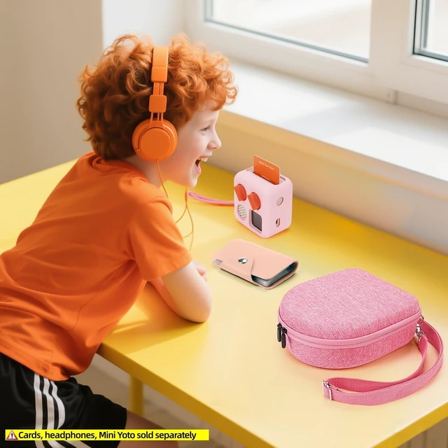 Alt view image 5 of 7 - Hard Case Compatible with Yoto Mini (2024 Edition), 3-in-1 Travel Bundle: Silicone Cover + Case with Shoulder Strap (Fits Mini Player & Headphones) + Up to 10 Card Holder for YOTO Cards (Pink)