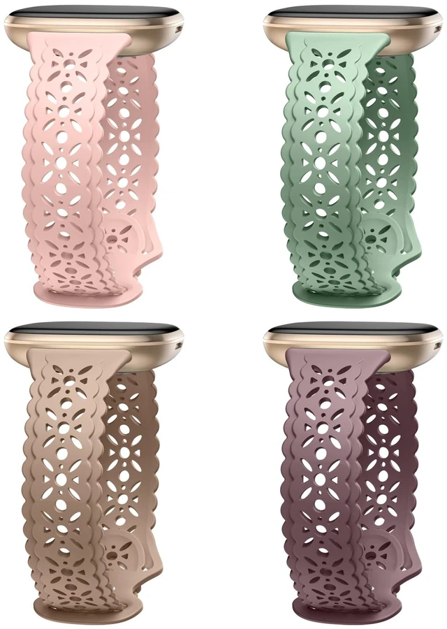 Main image of 4 pack Lace Silicone Band Compatible for Fitbit Sense Bands/Fitbit Versa 3 Bands Women/Fitbit Versa 4 Bands/Sense 2 Bands, Soft Ultrathin Hollow-out Sport Watch Strap Replacement Wristbands