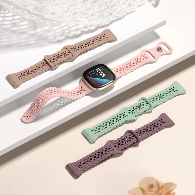 Alt view image 3 of 7 - 4 pack Lace Silicone Band Compatible for Fitbit Sense Bands/Fitbit Versa 3 Bands Women/Fitbit Versa 4 Bands/Sense 2 Bands, Soft Ultrathin Hollow-out Sport Watch Strap Replacement Wristbands