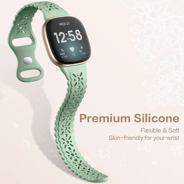 Alt view image 4 of 7 - 4 pack Lace Silicone Band Compatible for Fitbit Sense Bands/Fitbit Versa 3 Bands Women/Fitbit Versa 4 Bands/Sense 2 Bands, Soft Ultrathin Hollow-out Sport Watch Strap Replacement Wristbands