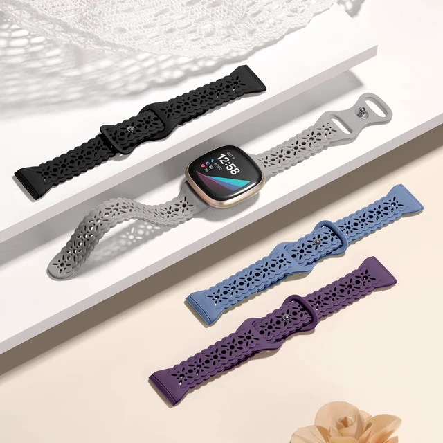 Alt view image 3 of 7 - 4 pack Lace Silicone Band Compatible for Fitbit Sense Bands/Fitbit Versa 3 Bands Women/Fitbit Versa 4 Bands/Sense 2 Bands, Soft Ultrathin Hollow-out Sport Watch Strap Replacement Wristbands