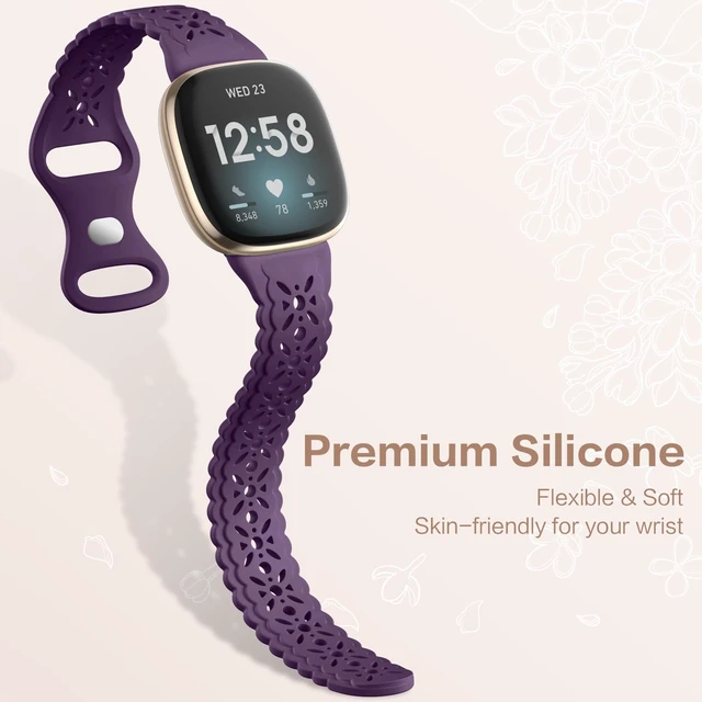 Alt view image 4 of 7 - 4 pack Lace Silicone Band Compatible for Fitbit Sense Bands/Fitbit Versa 3 Bands Women/Fitbit Versa 4 Bands/Sense 2 Bands, Soft Ultrathin Hollow-out Sport Watch Strap Replacement Wristbands