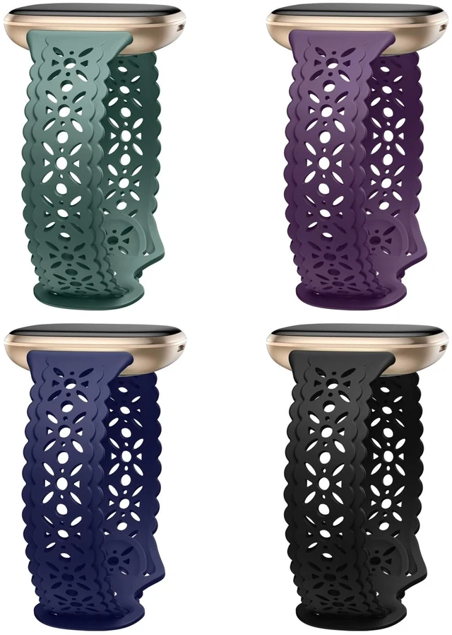 Main image of 4 pack Lace Silicone Band Compatible for Fitbit Sense Bands/Fitbit Versa 3 Bands Women/Fitbit Versa 4 Bands/Sense 2 Bands, Soft Ultrathin Hollow-out Sport Watch Strap Replacement Wristbands