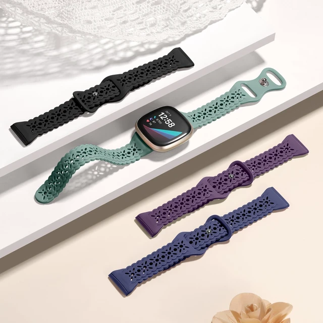 Alt view image 3 of 7 - 4 pack Lace Silicone Band Compatible for Fitbit Sense Bands/Fitbit Versa 3 Bands Women/Fitbit Versa 4 Bands/Sense 2 Bands, Soft Ultrathin Hollow-out Sport Watch Strap Replacement Wristbands