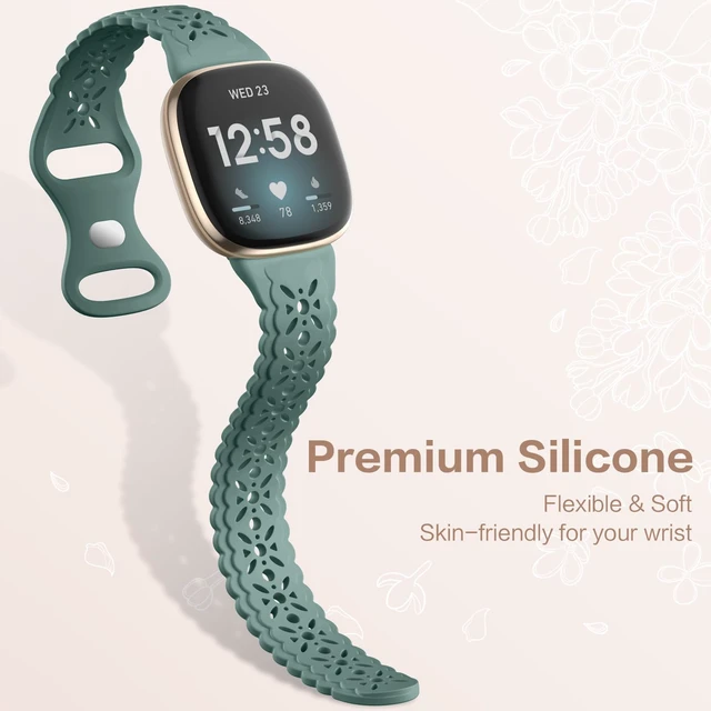 Alt view image 4 of 7 - 4 pack Lace Silicone Band Compatible for Fitbit Sense Bands/Fitbit Versa 3 Bands Women/Fitbit Versa 4 Bands/Sense 2 Bands, Soft Ultrathin Hollow-out Sport Watch Strap Replacement Wristbands