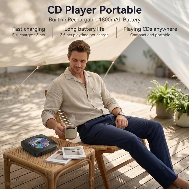 Alt view image 2 of 7 - CD Player Portable Bluetooth Rechargeable: CD Players for Home with 1800mAh Desktop Wall CD Player with Speakers Dust Cover FM Radio USB AUX Jack Remote Control