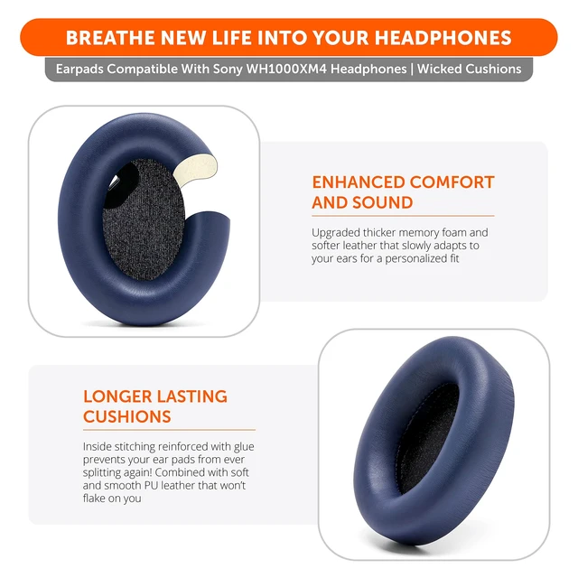 Alt view image 4 of 7 - PadZ WH1000XM4 - Extra Thick Earpads for Sony WH1000XM4 Made by Wicked Cushions Soft PU Leather, Luxurious Memory Foam, Added Thickness Without Disabling Sensor Blue