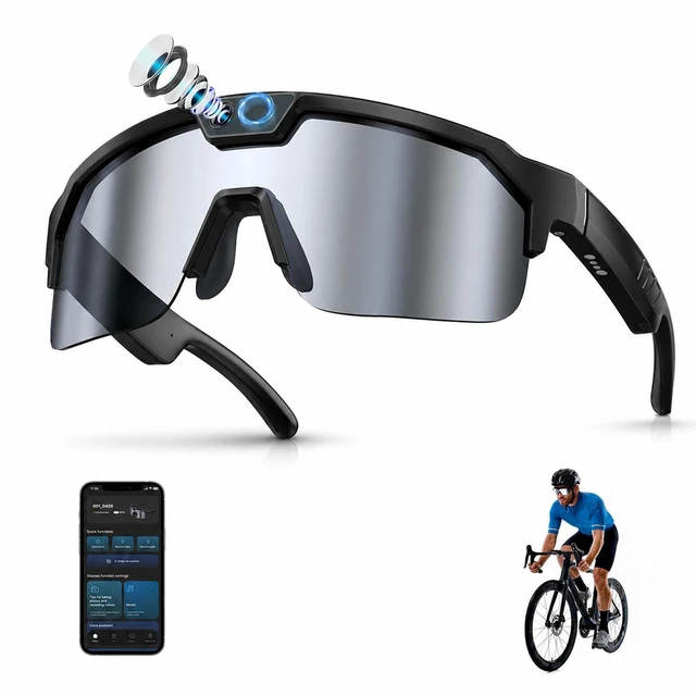 Main image of AI Smart Glasses with Camera for Cycling & Outdoor Sports - Silver EIS Stabilization, Bluetooth Connectivity, WiFi Transfer, 4GB Storage, UV400 Sunglasses for Running Baseball Softball Hiking