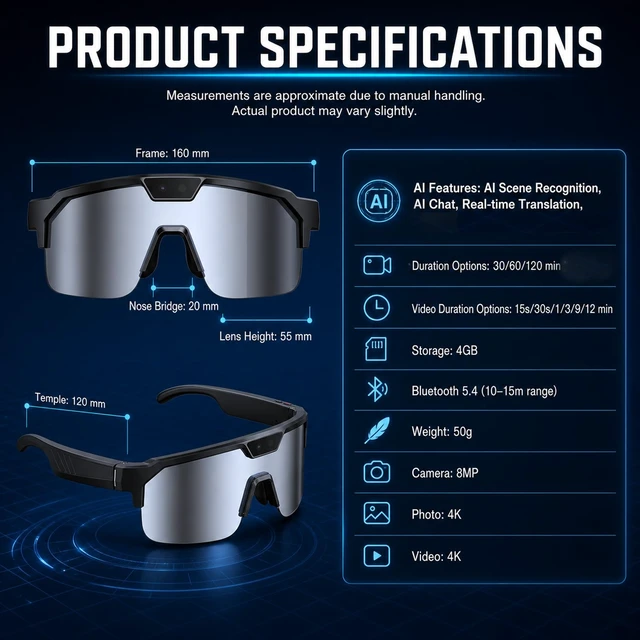 Alt view image 2 of 7 - AI Smart Glasses with Camera for Cycling & Outdoor Sports - Silver EIS Stabilization, Bluetooth Connectivity, WiFi Transfer, 4GB Storage, UV400 Sunglasses for Running Baseball Softball Hiking