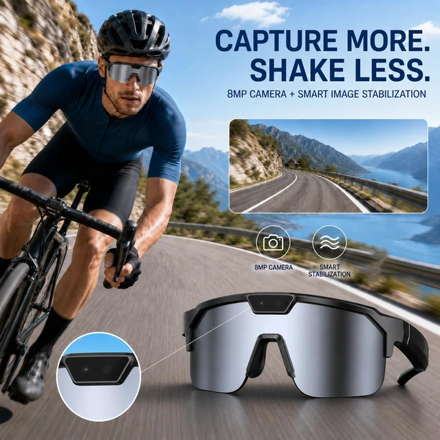 Alt view image 6 of 7 - AI Smart Glasses with Camera for Cycling & Outdoor Sports - Silver EIS Stabilization, Bluetooth Connectivity, WiFi Transfer, 4GB Storage, UV400 Sunglasses for Running Baseball Softball Hiking