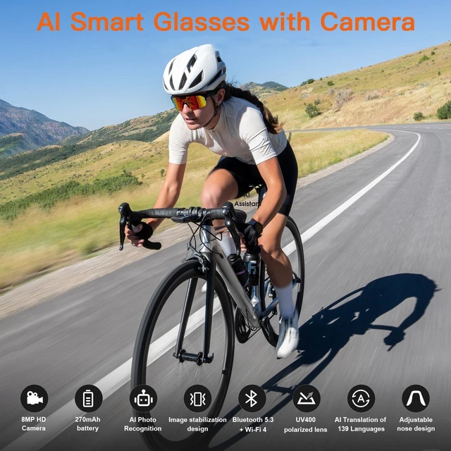 Alt view image 2 of 7 - AI Smart Glasses with Camera for Cycling & Outdoor Sports - Orange AI Translation, WiFi Transfer, Object Recognition, 4GB Storage,UV400 Bluetooth Sunglasses for Travel Commuting Tourism Skiing