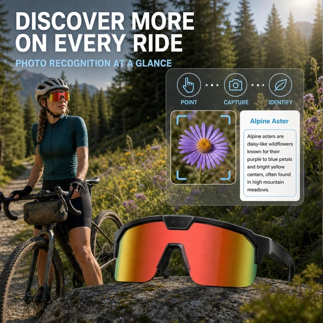 Alt view image 3 of 7 - AI Smart Glasses with Camera for Cycling & Outdoor Sports - Orange AI Translation, WiFi Transfer, Object Recognition, 4GB Storage,UV400 Bluetooth Sunglasses for Travel Commuting Tourism Skiing