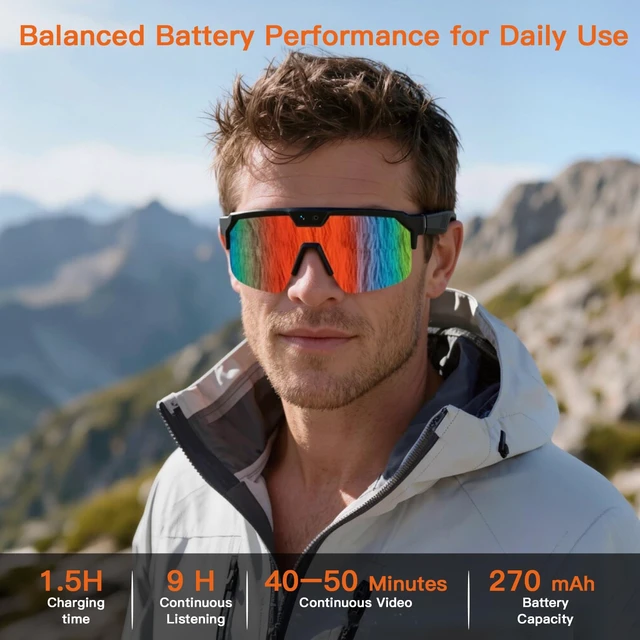 Alt view image 4 of 7 - AI Smart Glasses with Camera for Cycling & Outdoor Sports - Orange AI Translation, WiFi Transfer, Object Recognition, 4GB Storage,UV400 Bluetooth Sunglasses for Travel Commuting Tourism Skiing