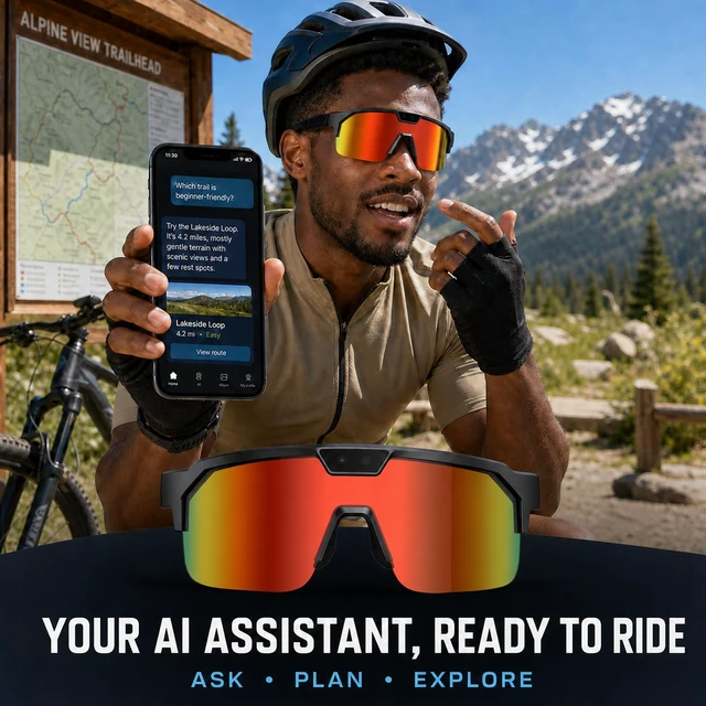 Alt view image 5 of 7 - AI Smart Glasses with Camera for Cycling & Outdoor Sports - Orange AI Translation, WiFi Transfer, Object Recognition, 4GB Storage,UV400 Bluetooth Sunglasses for Travel Commuting Tourism Skiing