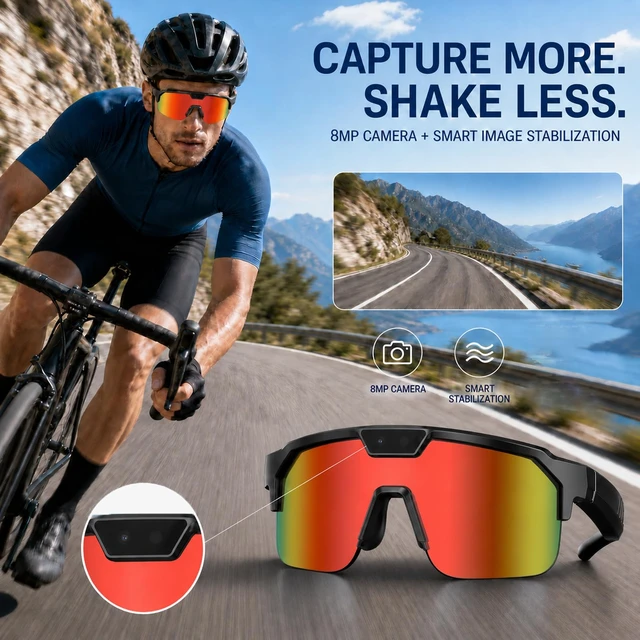 Alt view image 7 of 7 - AI Smart Glasses with Camera for Cycling & Outdoor Sports - Orange AI Translation, WiFi Transfer, Object Recognition, 4GB Storage,UV400 Bluetooth Sunglasses for Travel Commuting Tourism Skiing